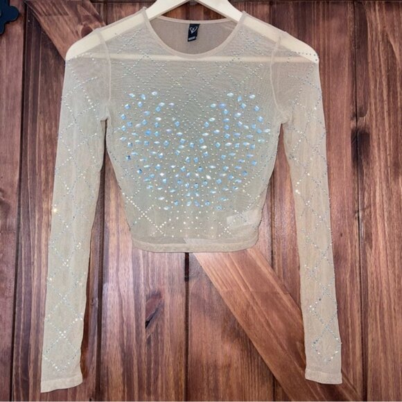 NWOT Windsor Sheer Rhinestone Cropped Long-Sleeve Top Small // NYE OUTFIT! - Picture 2 of 7